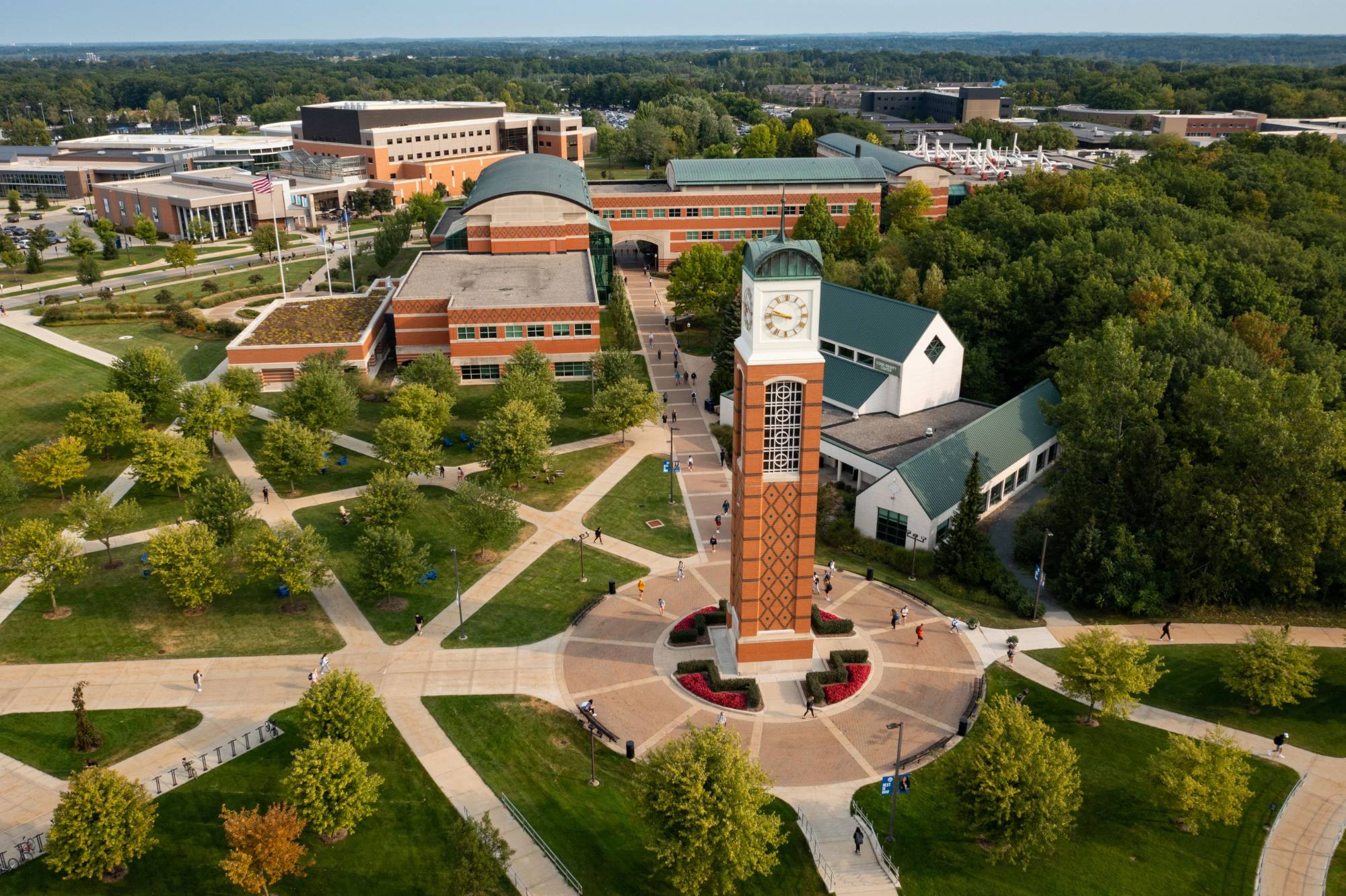 Drone photo of the clock tower on Allendale Campus.